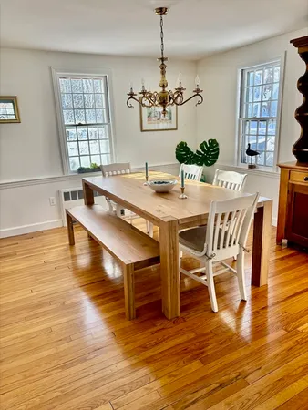 a view of a dining room with furniture window and wooden floor