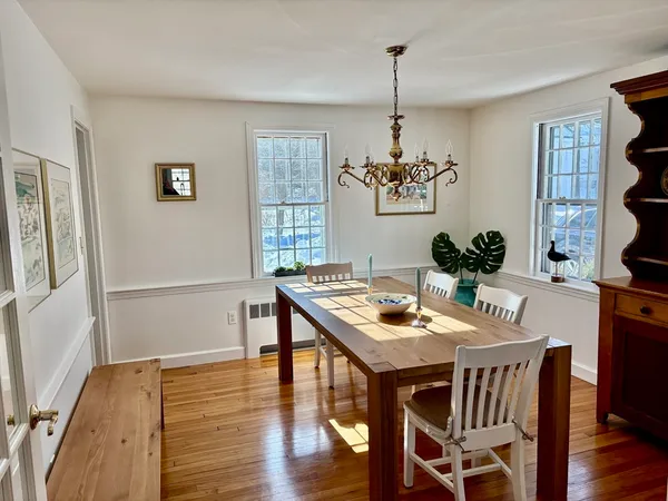 a view of a dining room with furniture window and wooden floor