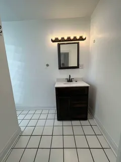 a bathroom with a sink a mirror and vanity