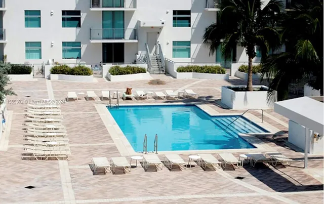 a view of a backyard with couches potted plants and palm tree