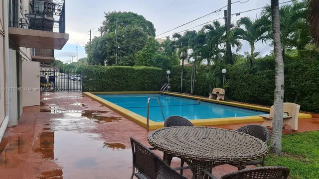 a view of a swimming pool with a patio and a backyard
