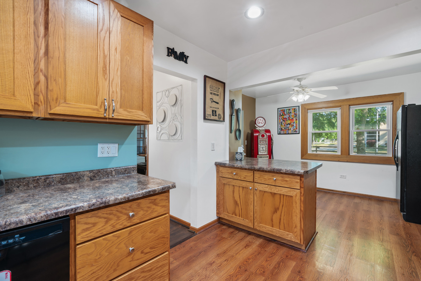 206 Washington Street Oswego, IL 60543 - Photo 15 of 45 a kitchen with granite countertop wooden cabinets and a wooden floor