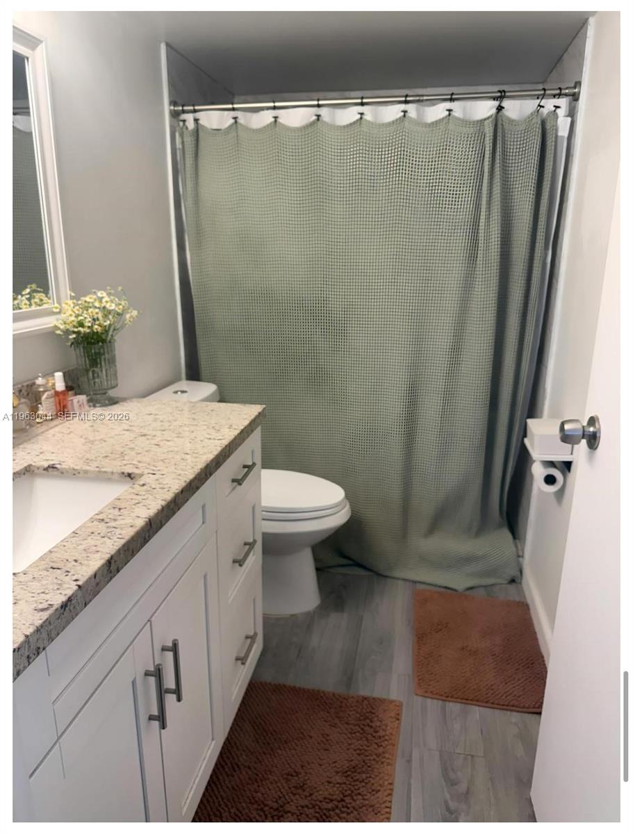 555 Northeast 15th Street, Unit 29G Miami, FL 33132 - Photo 10 of 11 a bathroom with a granite countertop sink a toilet a shower and a mirror