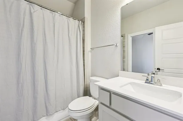 a bathroom with a sink a toilet and shower curtain