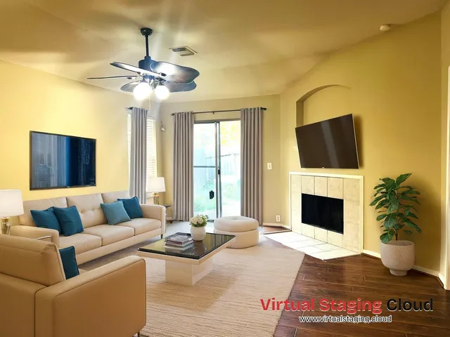 a living room with furniture fireplace and flat screen tv