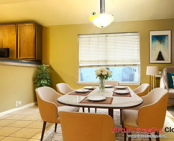 a view of a dining room with furniture and window