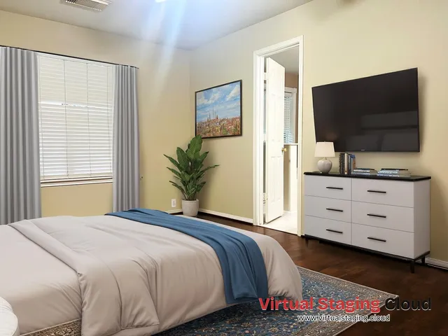 a bedroom with a bed and flat screen tv