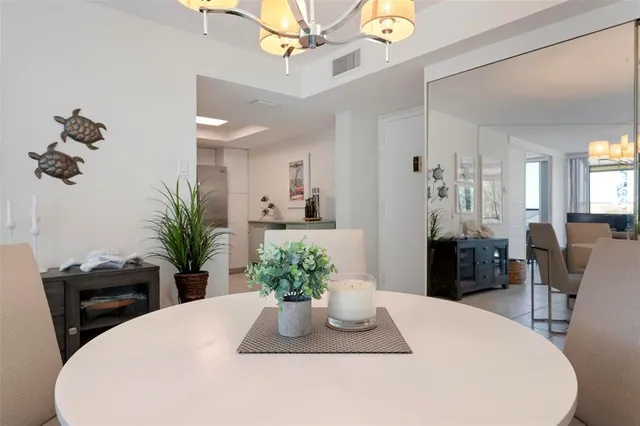 a close view of dining table with potted plant