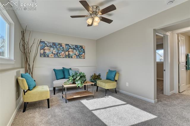 1913 Wooten Road Colorado Springs, CO 80915 - Photo 28 of 50 Living area featuring plenty of natural light, ceiling fan, and light carpet