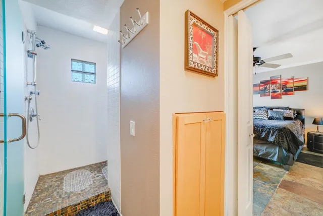 a view of a building with sitting area