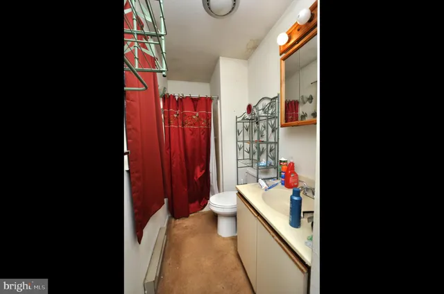 a bathroom with a sink a toilet and shower curtain