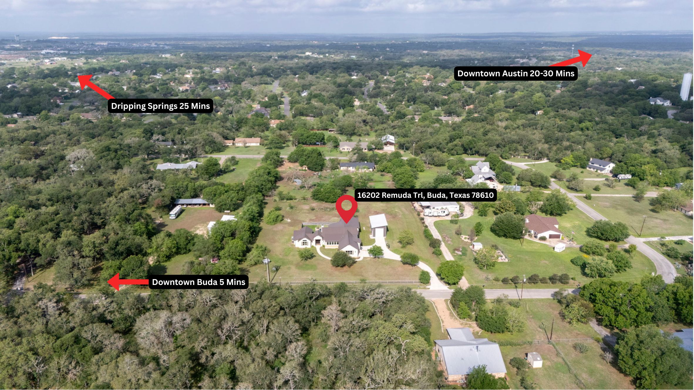 16202 Remuda Trail Buda, TX 78610 - Photo 39 of 40 Aerial view showcasing approximate distance to Downtown Austin, Buda and Dripping Springs