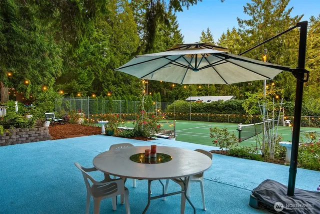 a garden view with a seating space