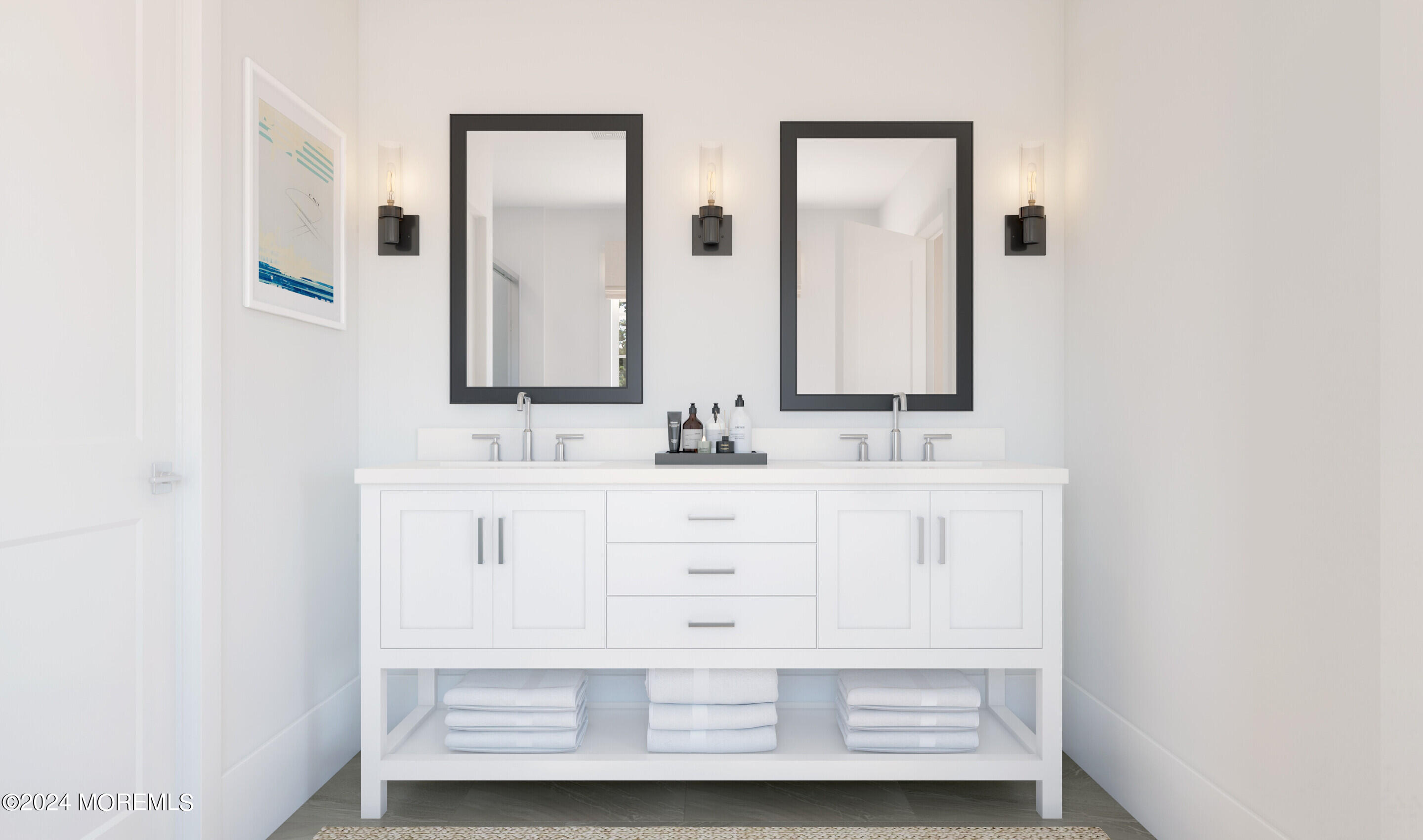 a bathroom with a sink vanity and a mirror