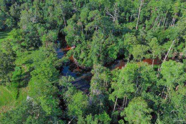 an aerial view of residential house with outdoor space and trees all around