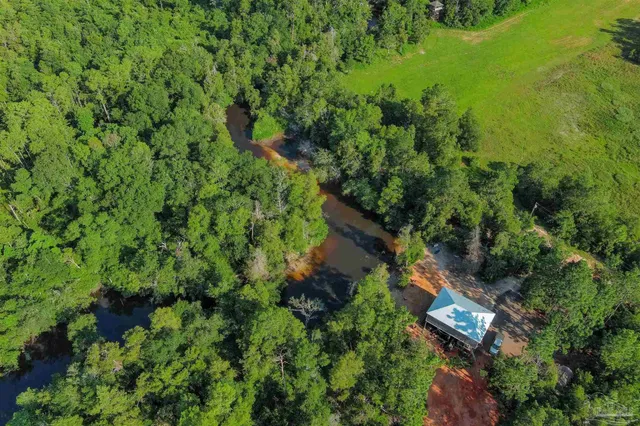 an aerial view of residential house with outdoor space and trees all around