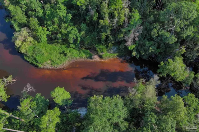 an aerial view of a house with a yard and garden