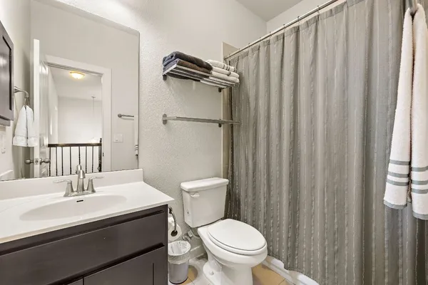 a bathroom with a sink a toilet a mirror and shower curtain