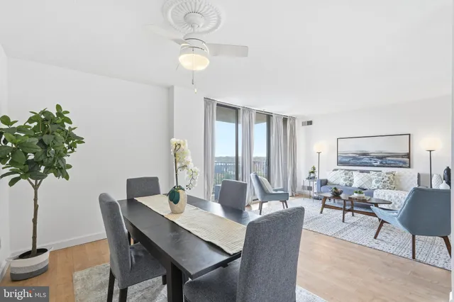 a view of a dining room with furniture