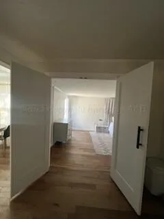 a view of hallway with wooden floor