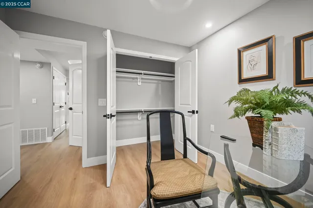 a view of outdoor space with signage and flags