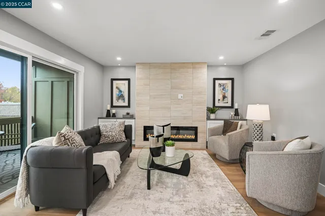 a living room with furniture and a potted plant