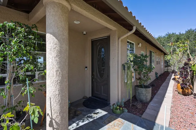 a view of a entryway door with potted plants in front of house