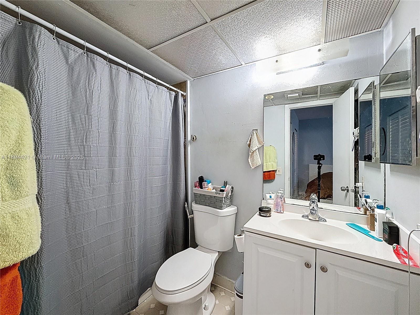 3611 Southwest 117th Avenue, Unit 10207 Miami, FL 33175 - Photo 20 of 35 a bathroom with a sink a toilet a mirror and shower curtain