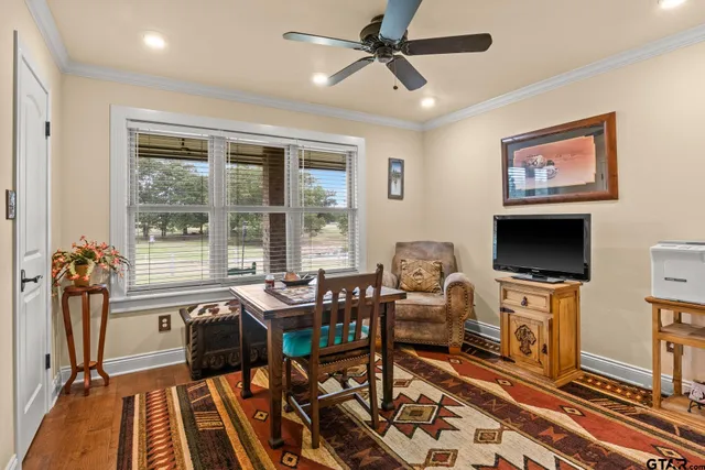 a view of a livingroom with furniture window and a ceiling fan