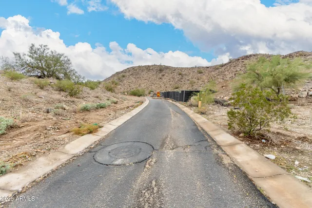 a view of a dry field with mountains in the background