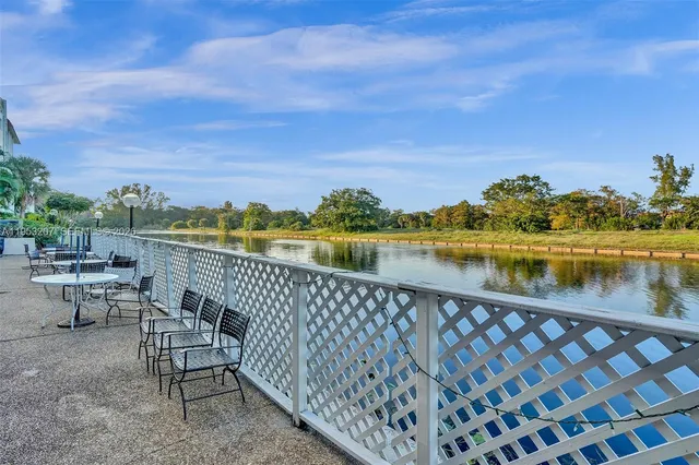 a view of a lake with a terrace