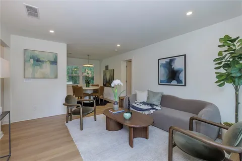 a living room with furniture a rug and a potted plant