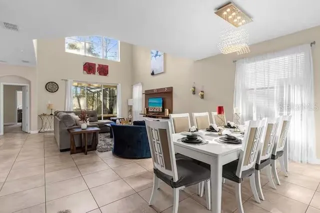 a view of a dining room with furniture