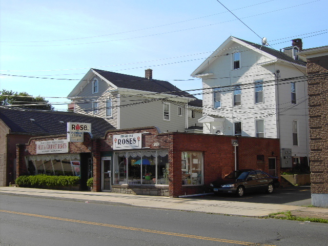 a view of a building and a street