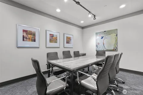 a view of a dining room with furniture