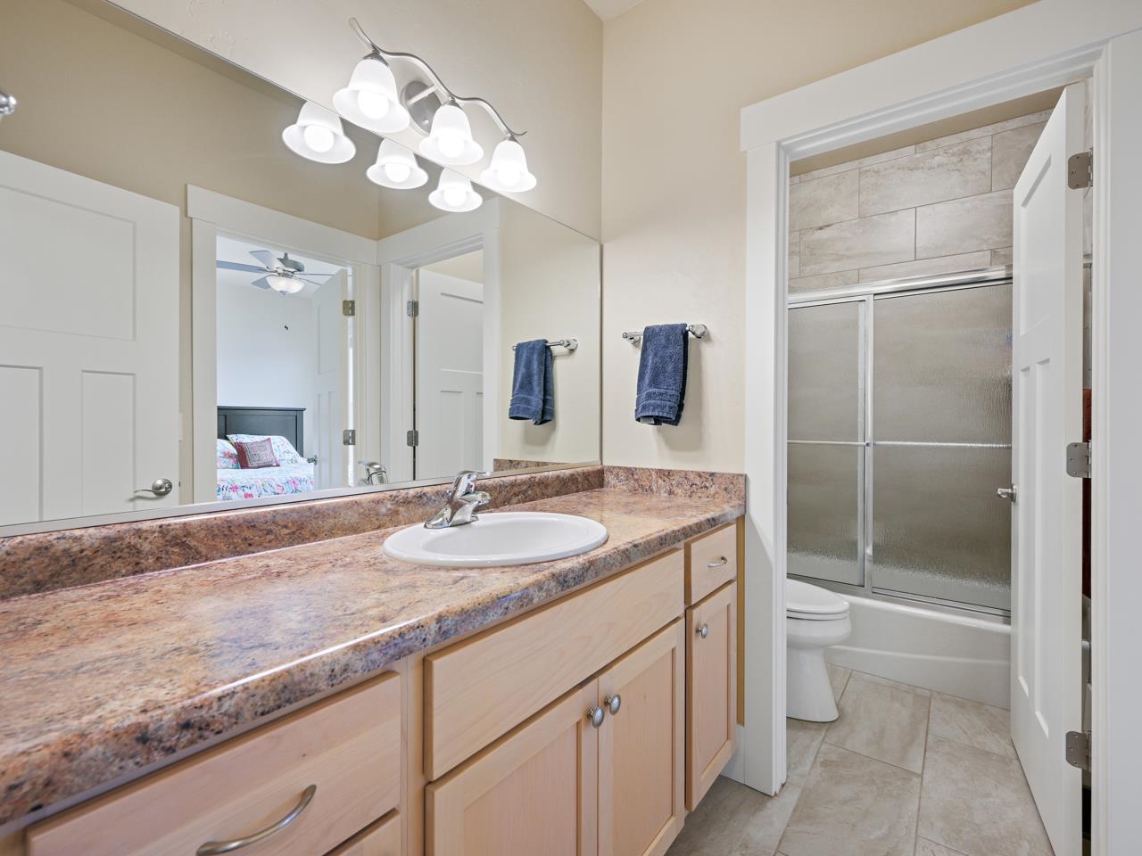 1245 Periwinkle Street Fruita, CO 81521 - Photo 19 of 34 a bathroom with a granite countertop sink a toilet and a mirror