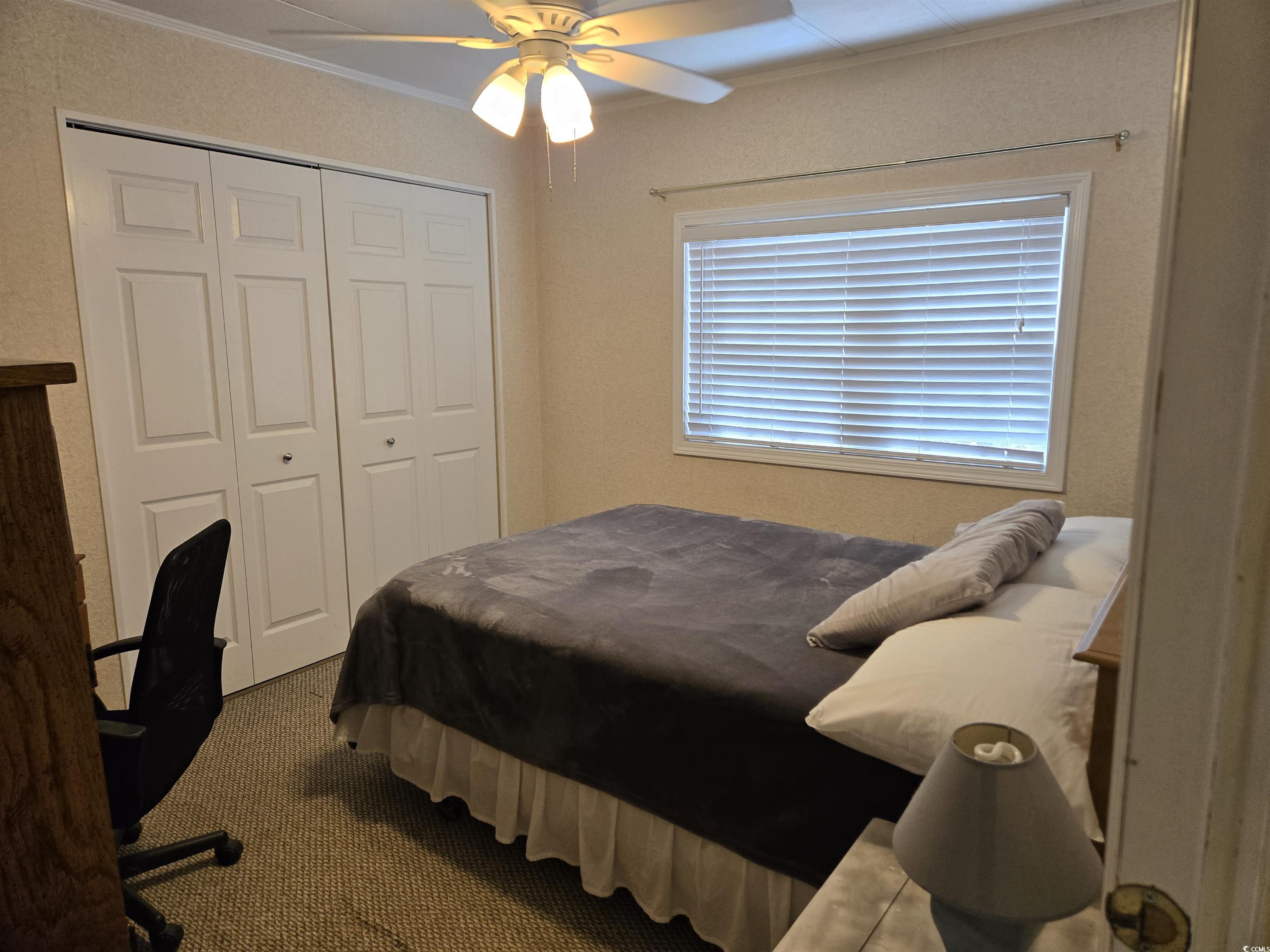 420 Delton Drive Murrells Inlet, SC 29576 - Photo 25 of 36 Bedroom featuring carpet, ornamental molding, ceiling fan, and a closet