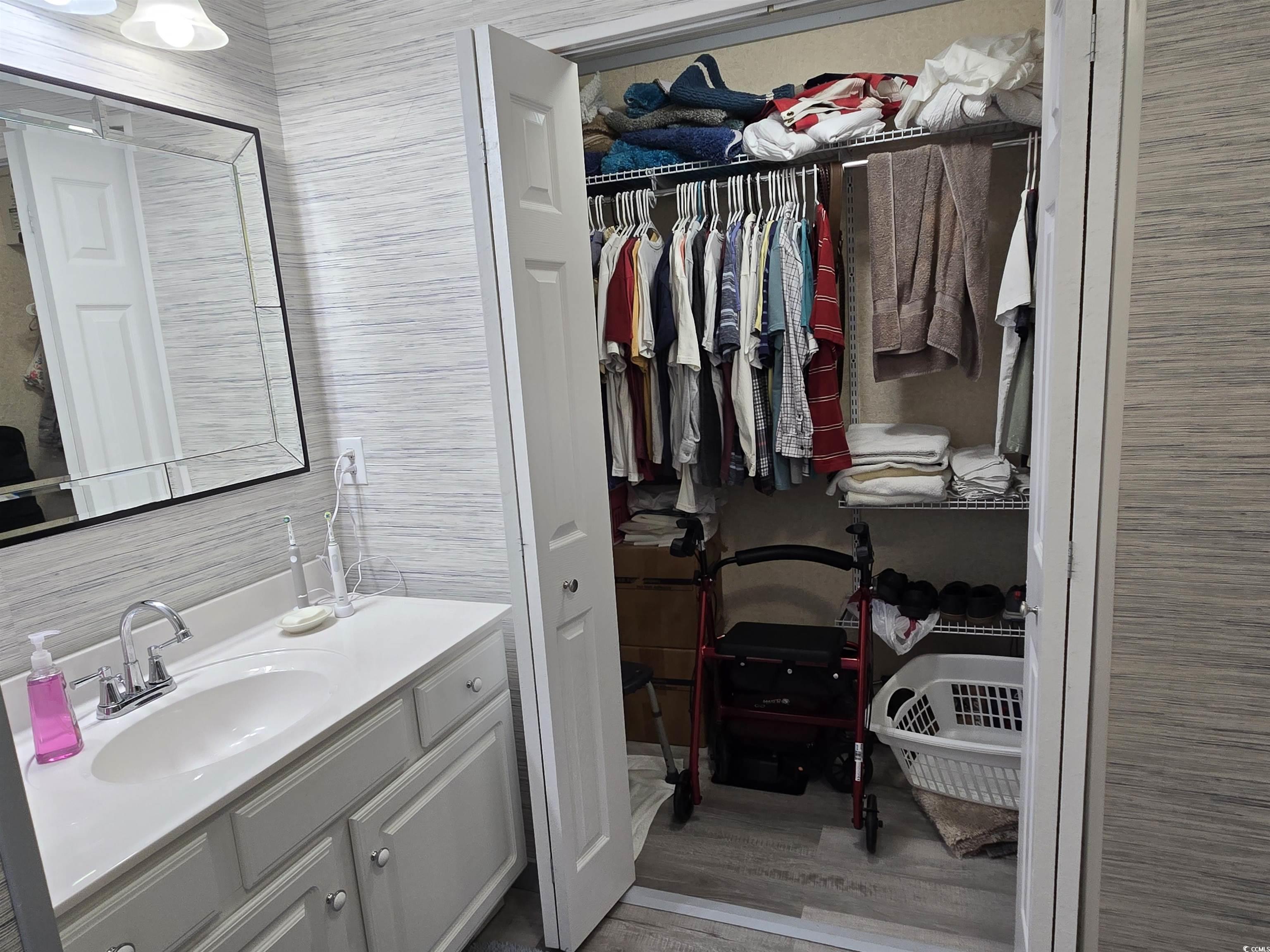 420 Delton Drive Murrells Inlet, SC 29576 - Photo 29 of 36 Bathroom with a walk in closet, vanity, tile walls, and light wood finished floors