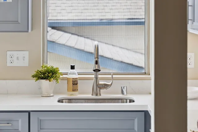 a view of counter top with a sink and potted plant