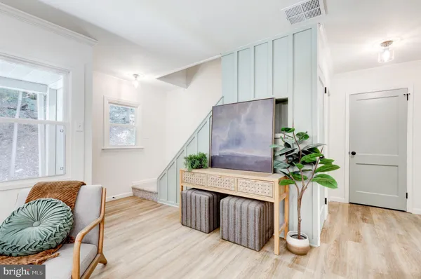 a living room with furniture and a potted plant