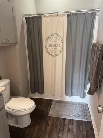 a white toilet sitting next to a shower curtain