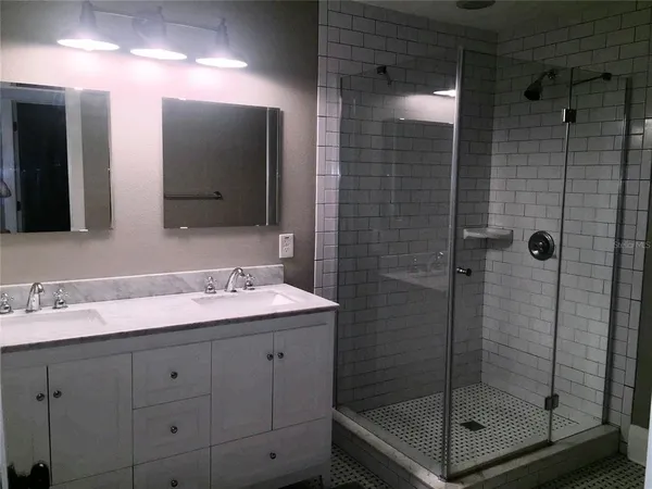 a bathroom with a shower sink and mirror