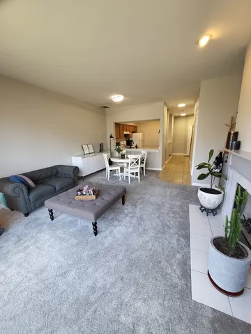 a living room with furniture and a potted plant