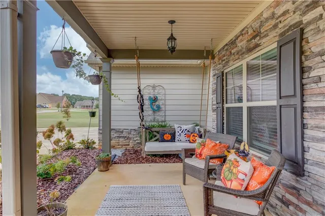 an outdoor living area with furniture and a potted plant
