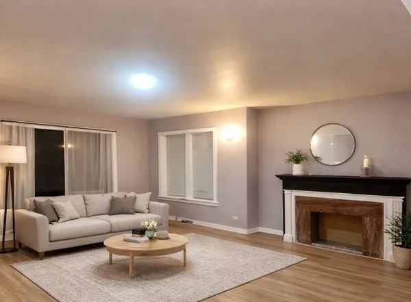 a living room with furniture a fireplace and a large window