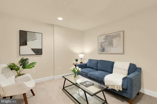 a living room with furniture and a potted plant on table