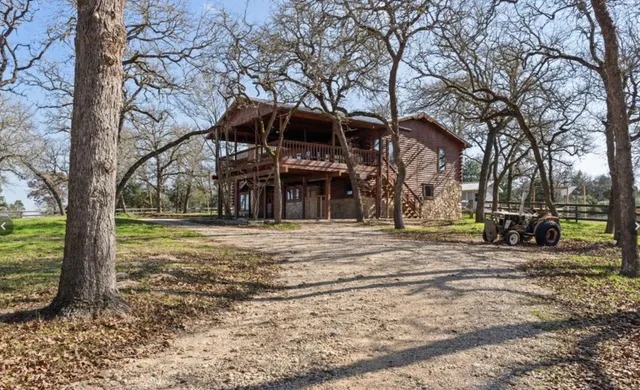 a view of a house with a large tree and a yard