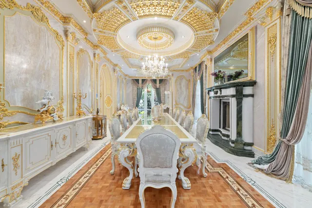 a view of a dining room with furniture and window