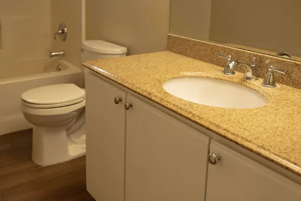 a bathroom with a granite countertop sink toilet and shower