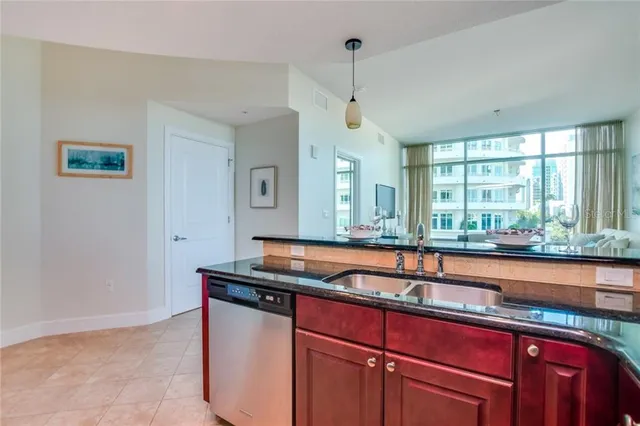 a room with sink and large window